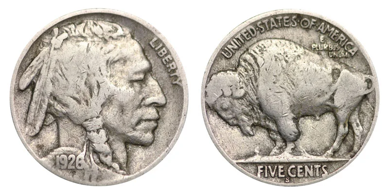1926-S Buffalo nickel obverse and reverse showing the S mint mark below Five Cents