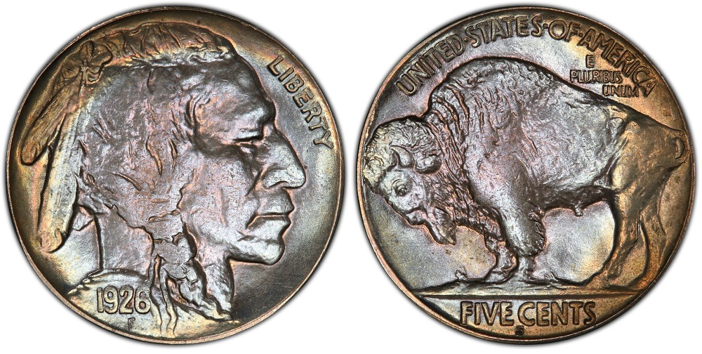 Side-by-side comparison of common 1926-P Buffalo nickel vs the rare 1926-S key date, showing the S mint mark