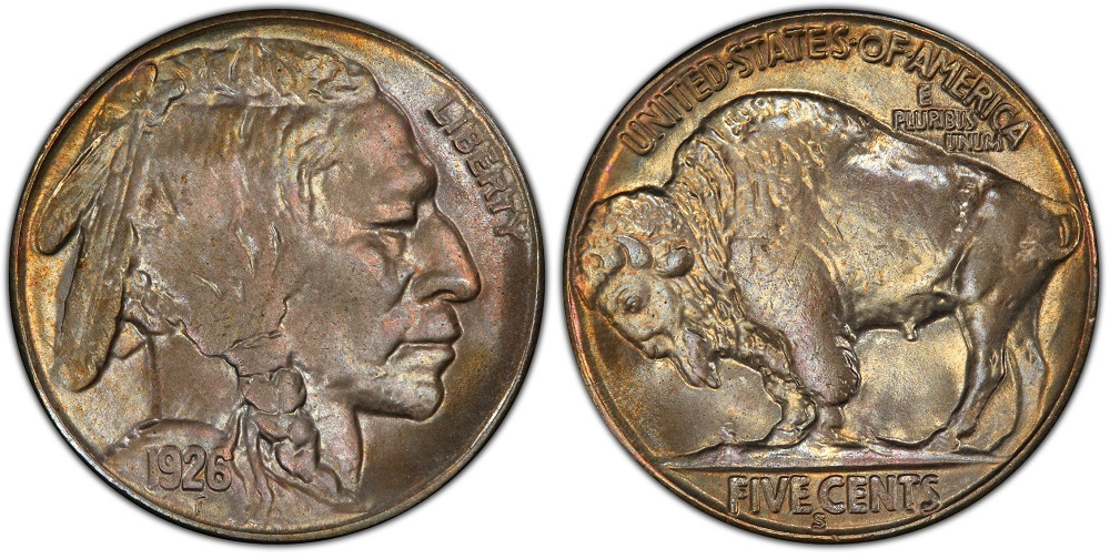 1926 Buffalo nickel grading strip showing four condition tiers from Good through Mint State side by side